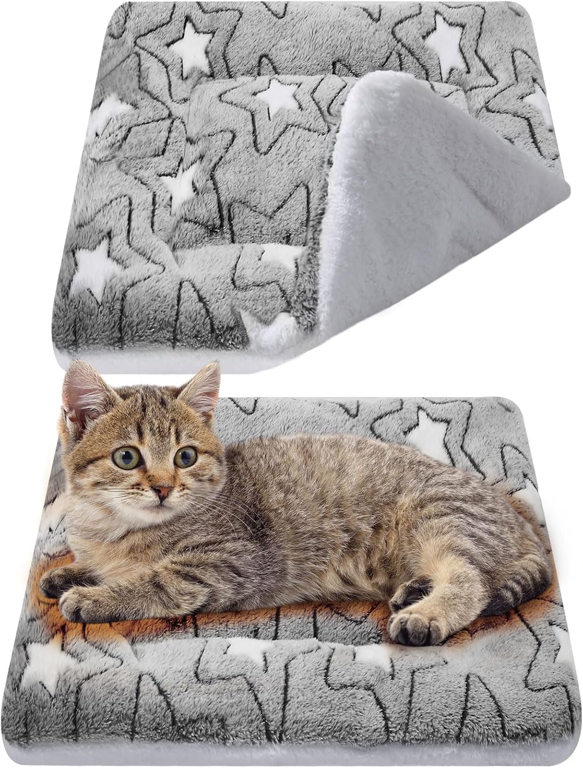 2 Pack Self Warming Cat Dog Bed Pad, Grey, 21" X 14", Stars