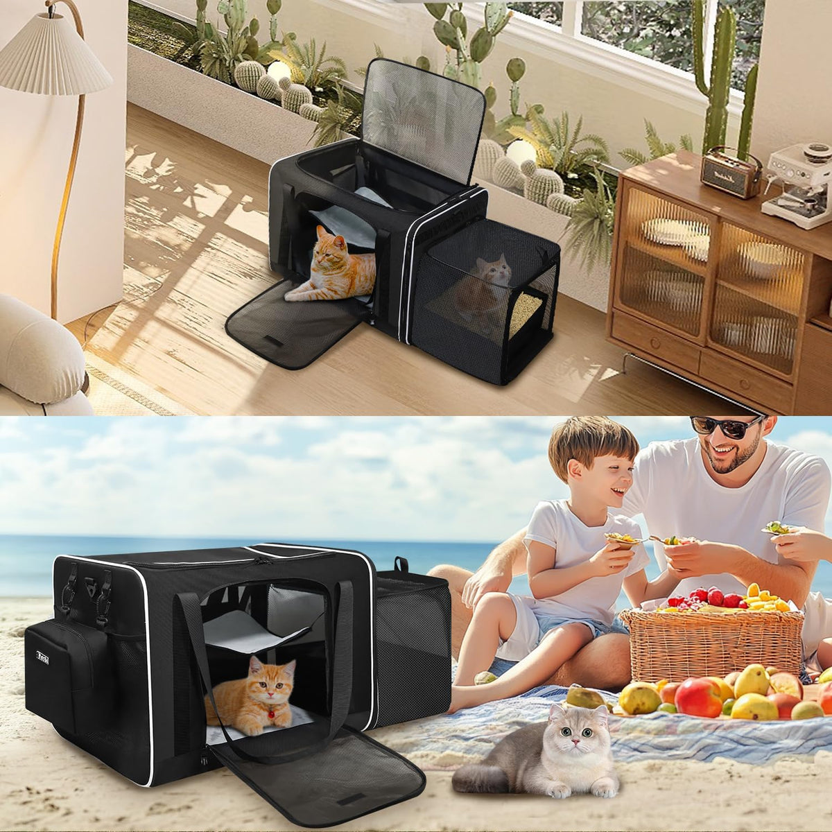 Side Expandable Extra Large Soft Cat Carrier with Litter Box, Black