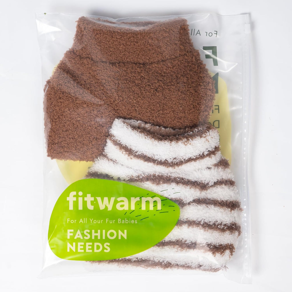 Fitwarm 2 Pack Striped Fleece Dog Sweater, Warm Winter Clothes for Small Dogs Boy Girl, Fuzzy Pet Outfit, White, Brown, 