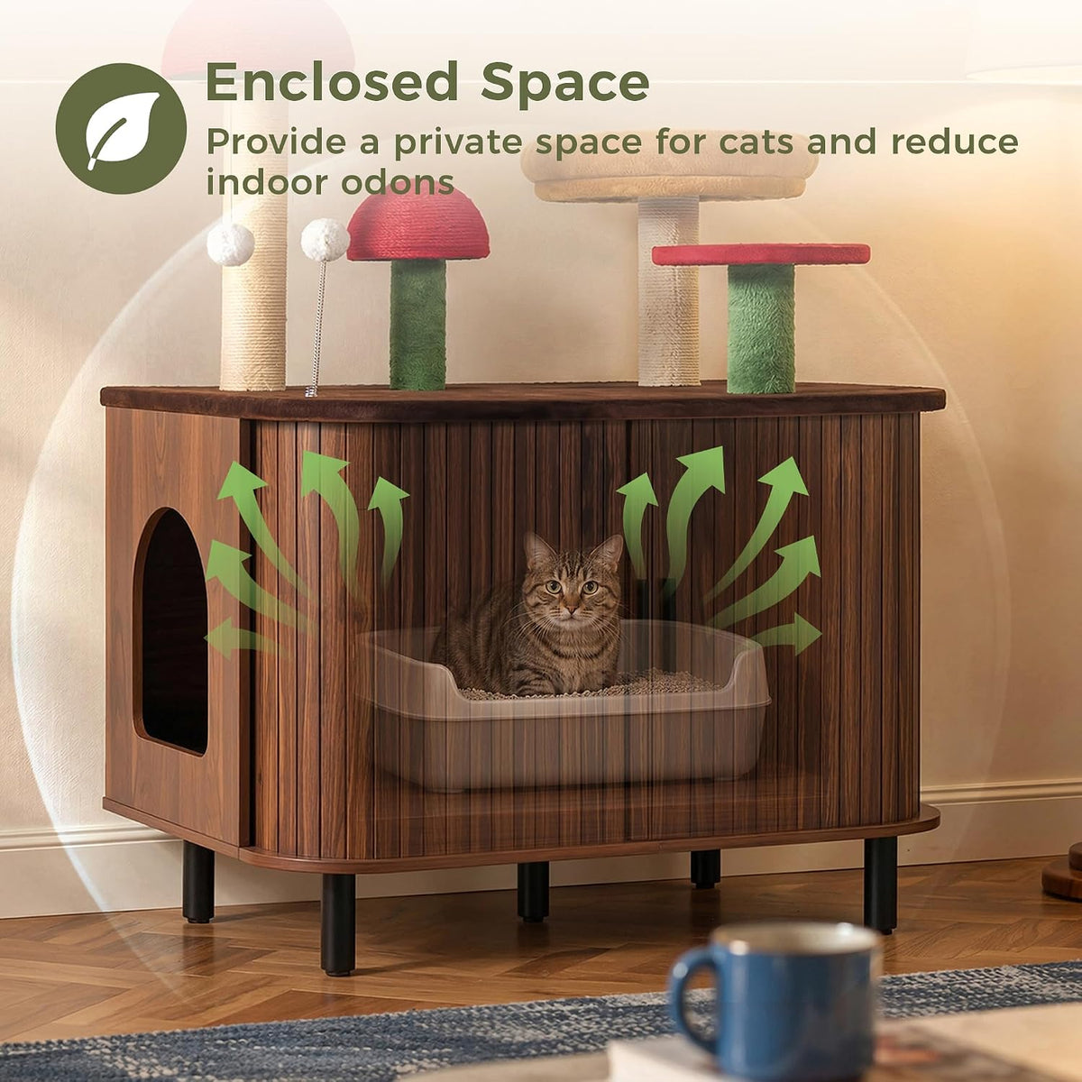 IRONCK Cat Litter Box Enclosure with Mushroom Cat Tree