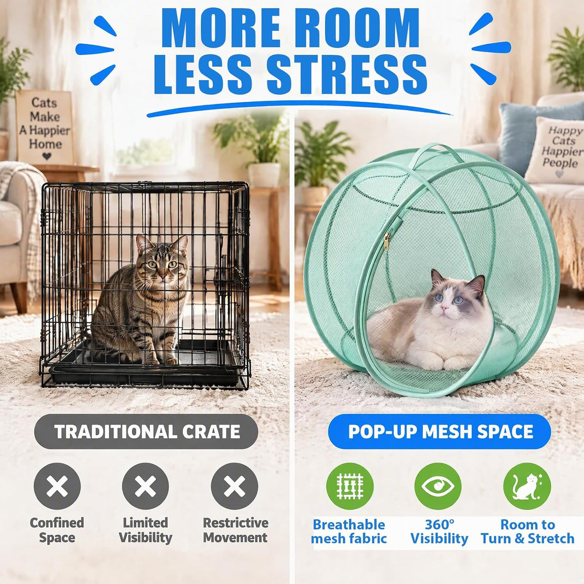 Rolling 360° Panoramic Cat Playpen Collapsible Breathable w/ Zipper