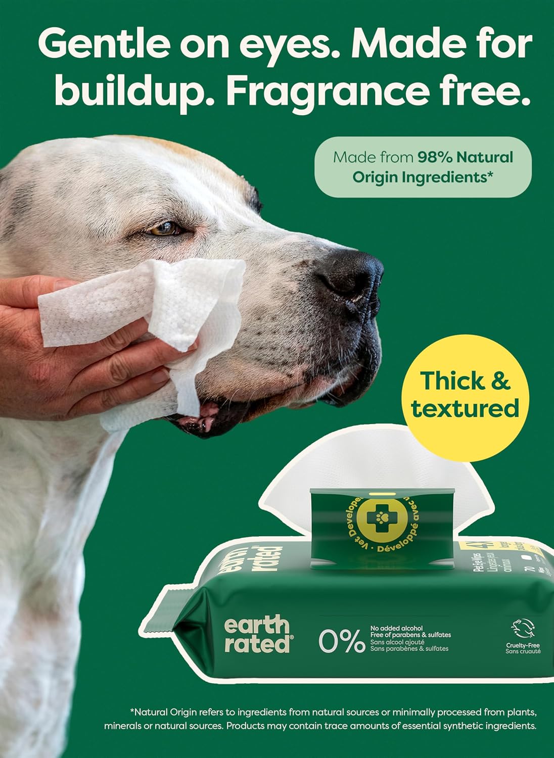 Earth Rated Dog Eye Wipes, Vet Developed, Unscented, Removes Dirt, 70ct