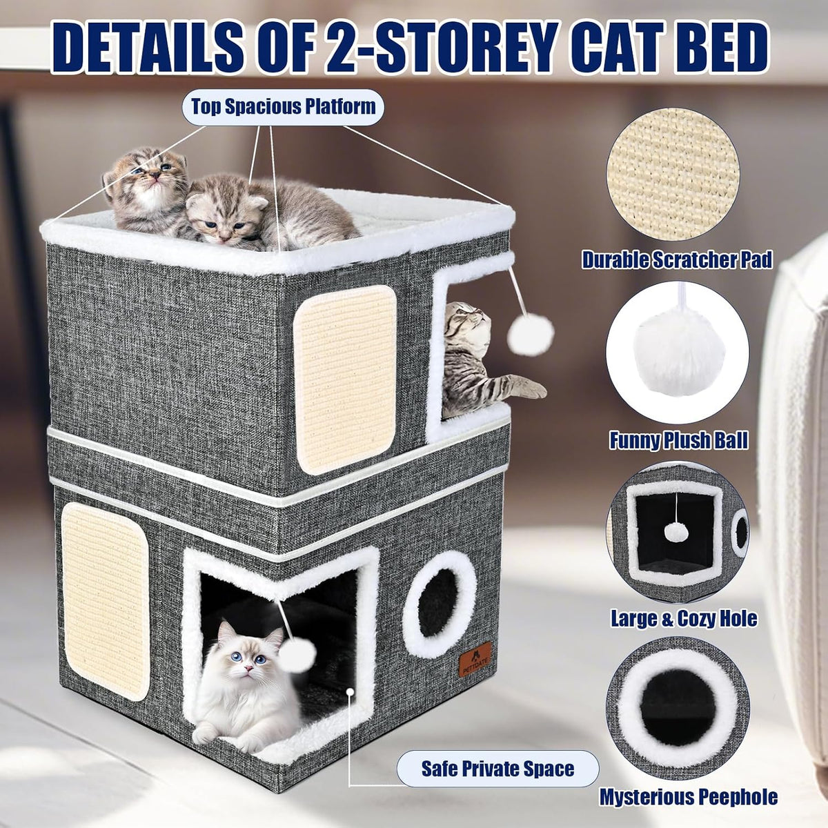 2-Story Cat House for Indoor Cats, Dual-Purpose Cave Bed with Scratch Pad and Fluffy Ball, Foldable Cat Hideaway, Cute C