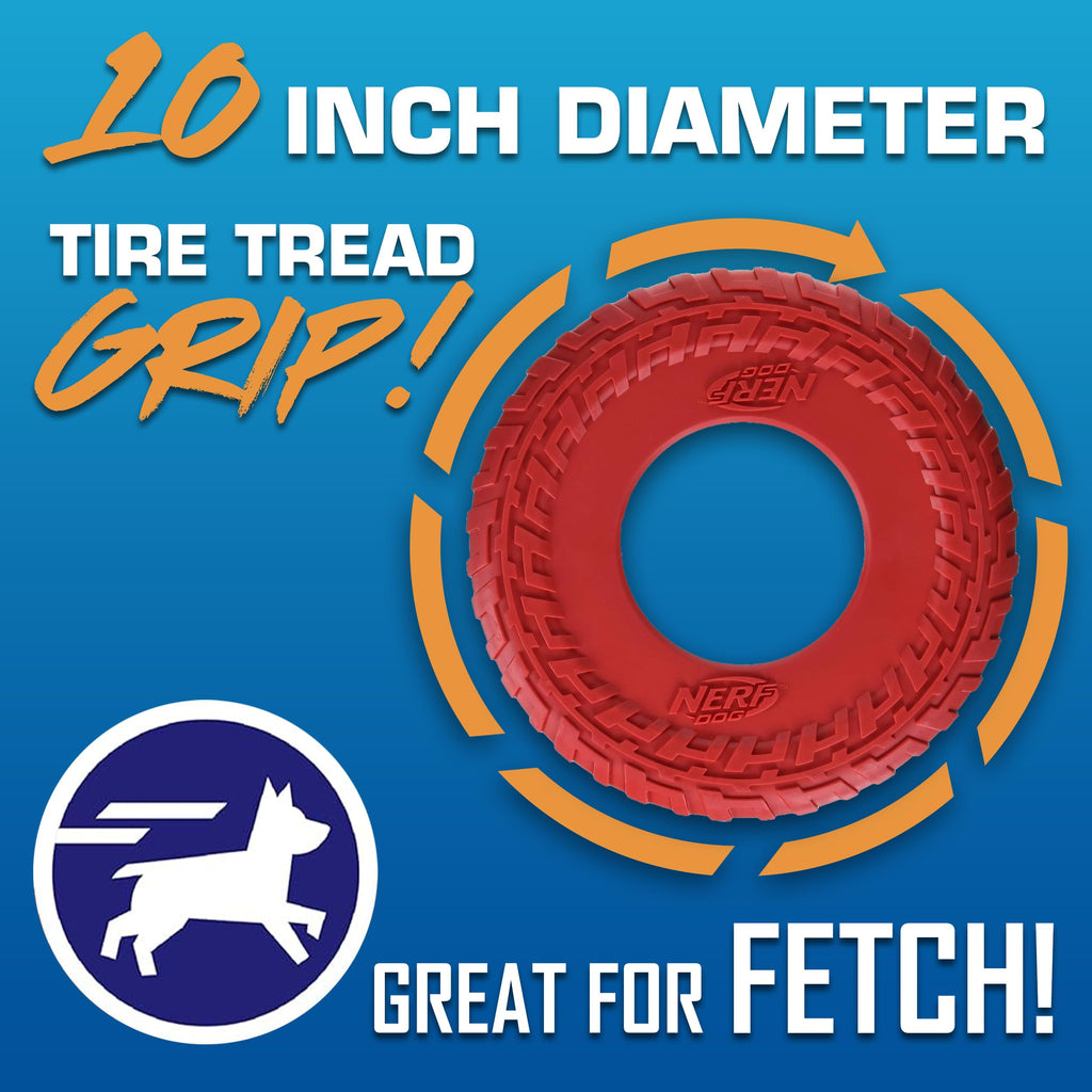 Nerf Dog Tire Flyer Dog Toy Gift Set, 10 Inch Flying Disc Dog Fetch Toys, Rubber Dog Toy for Medium Dogs and Large Dogs, Red, Translucent Green and Translucent Blue, 3 Count