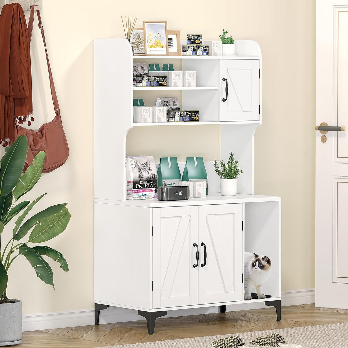 Tall Hidden Cat Litter Box Enclosure Cabinet - 4-Tier Storage Shelves, 2-Door Wood Cat Washroom Furniture, Indoor Cat Ho