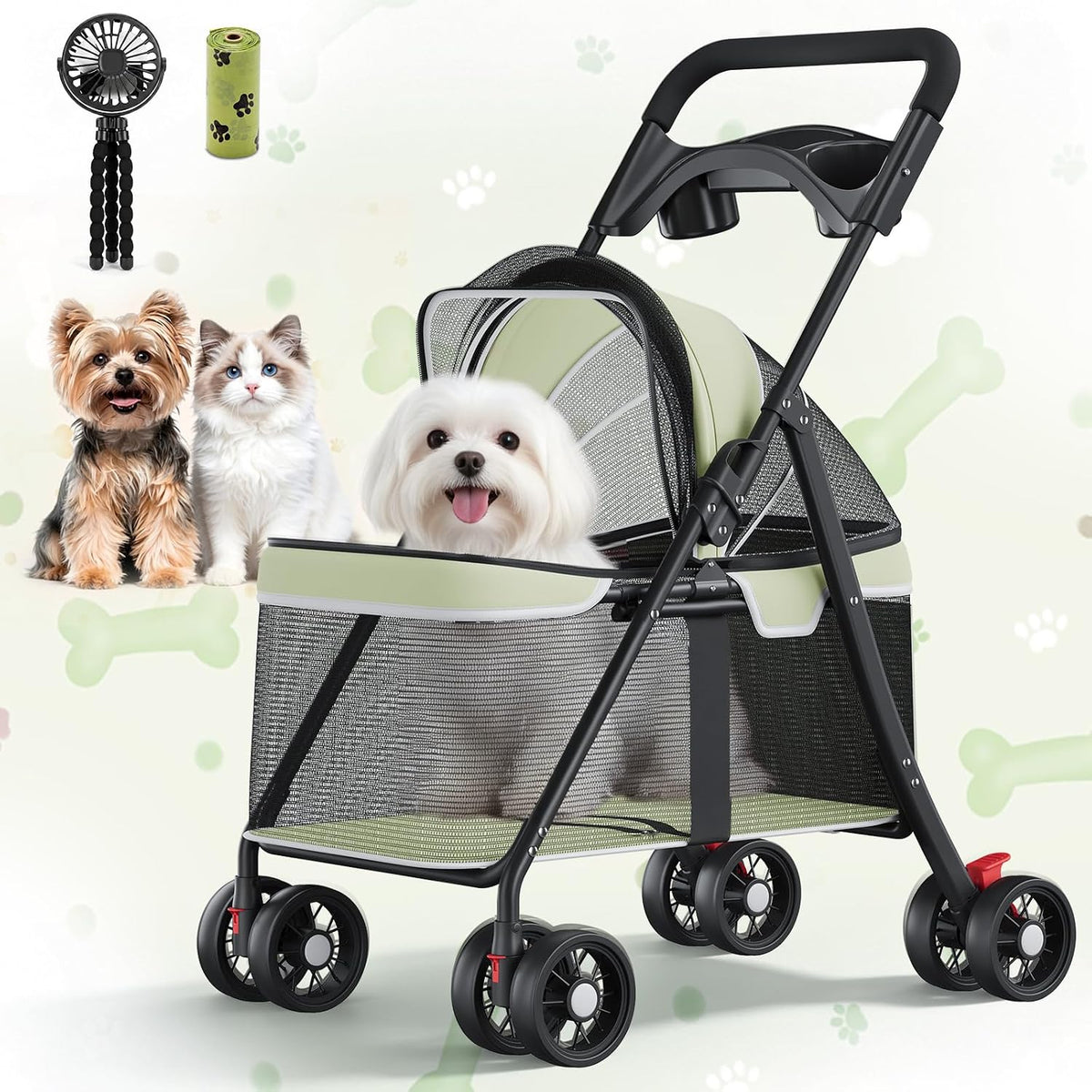 GTPLAYER Foldable Pet Stroller for Small Dogs and Cats, Holds Up to 33 lb, 4-Wheel Stroller, Full Mesh Ultra Breathable,