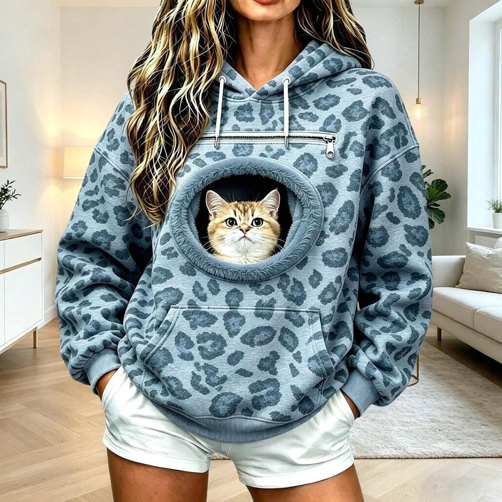 Womens Leopard Print Hoodie - Pet Pouch, Cat Dog Carrier, Kangaroo Pocket