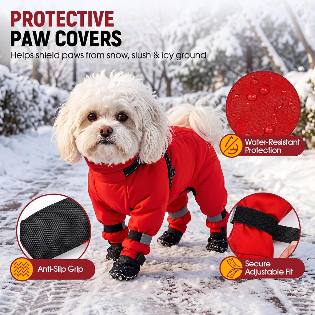 Dog Snowsuit with Attached Boots, Full Body Dog Coat with Built-in Harness
