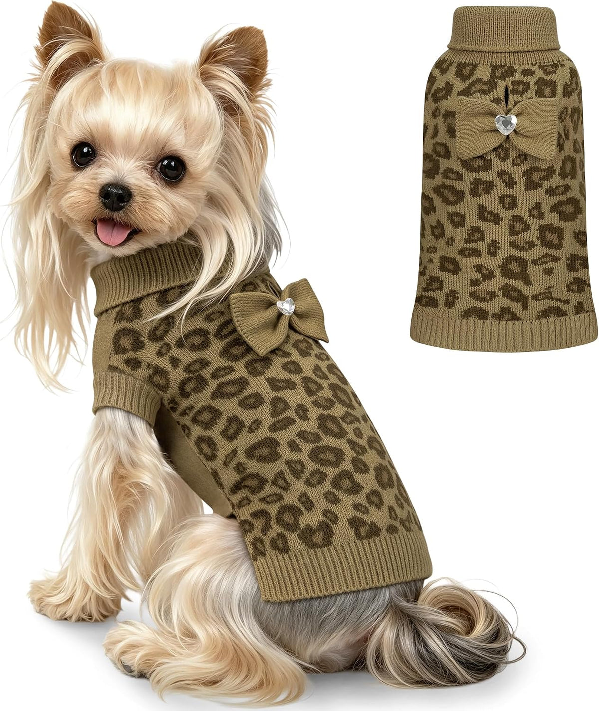 WOYYHO Small Dog Sweater Dress with Bowtie, Knitted Leopard Pet Dog Clothes