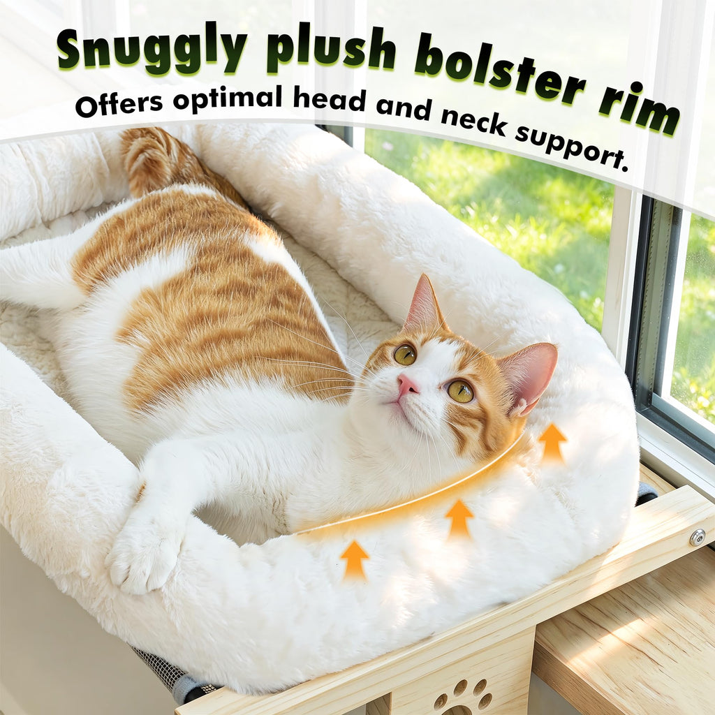 AMOSIJOY Wooden Cat Windowsill Perch with Zipper Cushion Bed, 24.4in