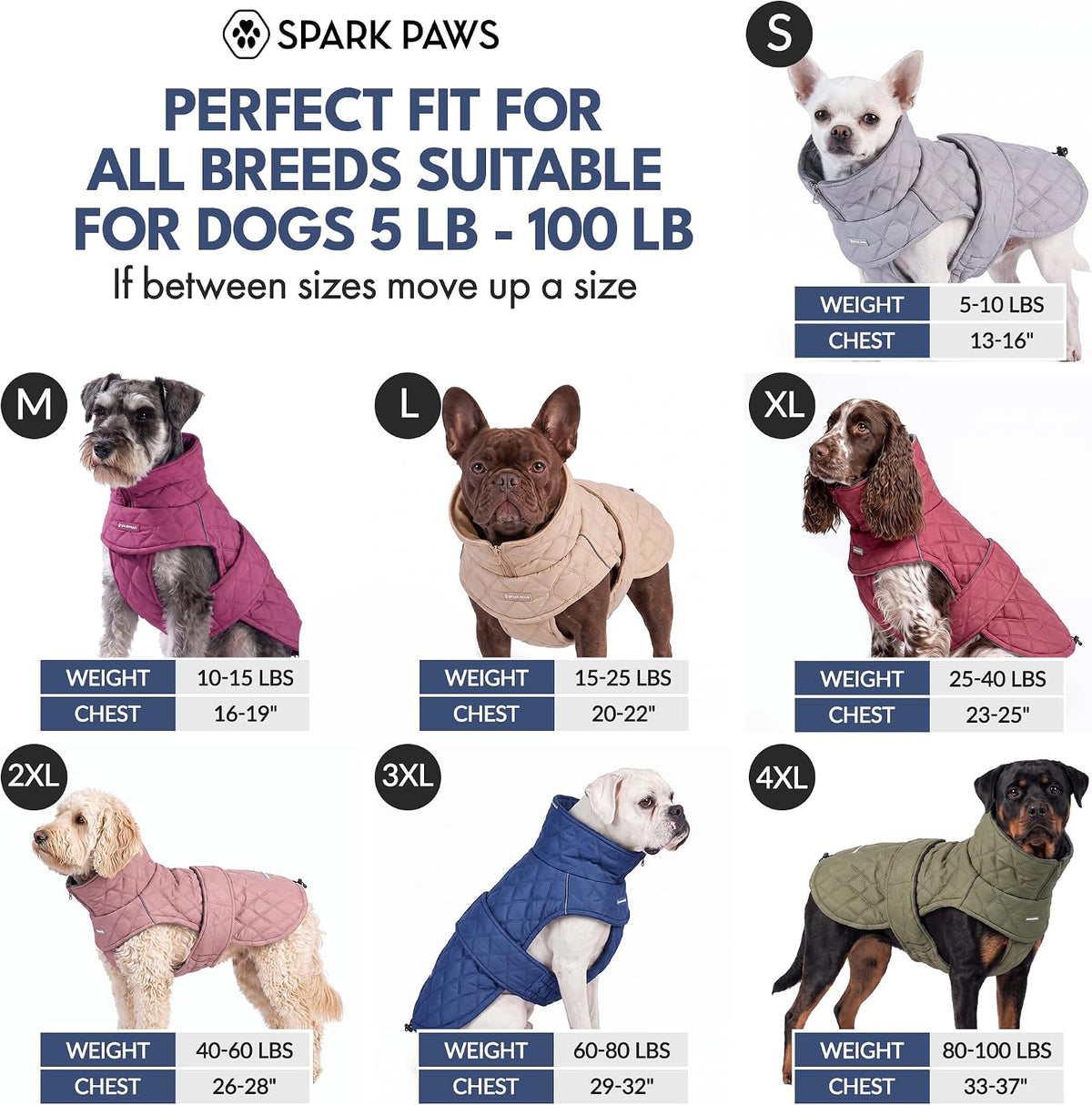 Spark Paws Quilted Dog Winter Coat - Cold Weather Jacket for S Med L Dogs