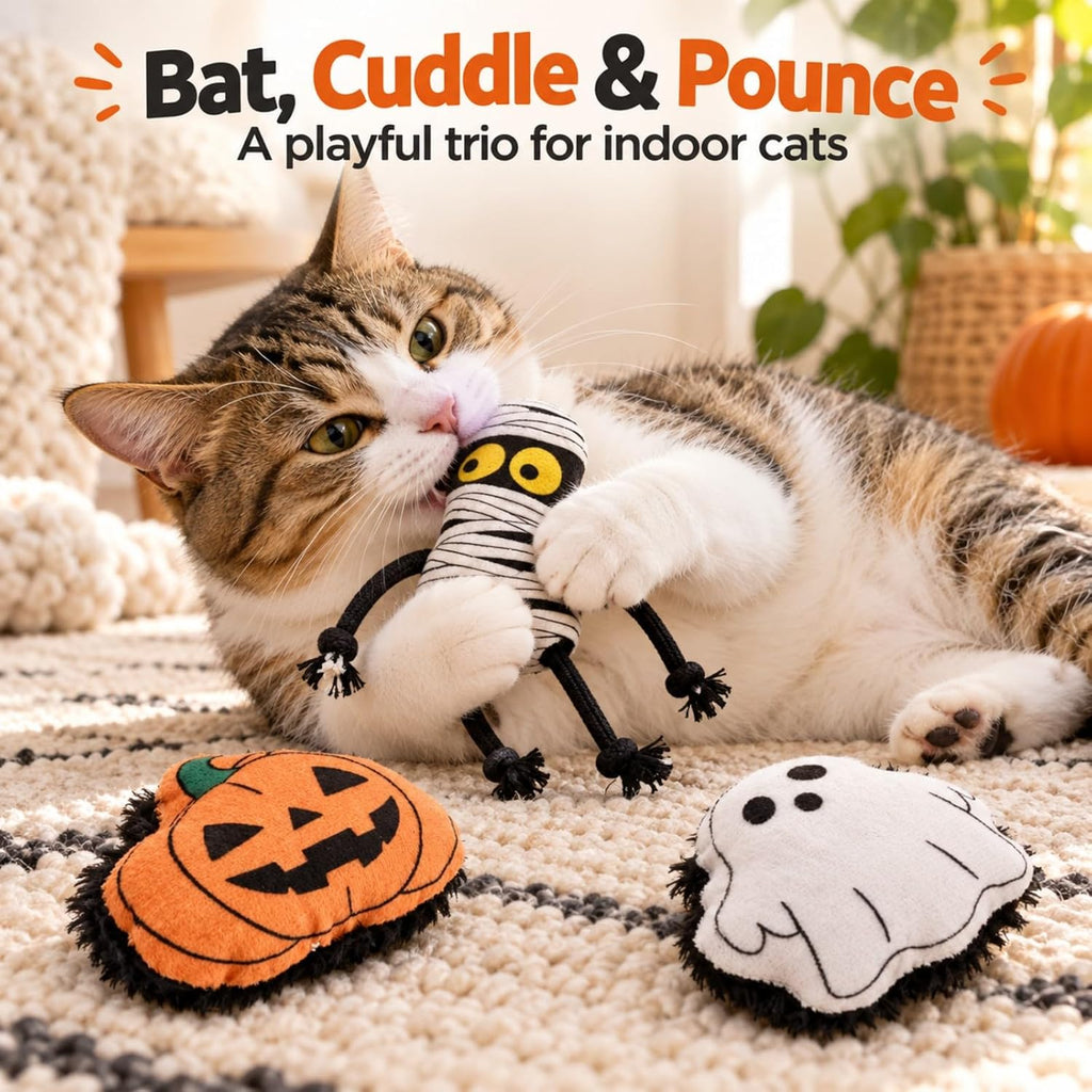 Catnip Cat Toys, Halloween Ghost Pumpkin and Mummy Plush Toys, 3 Pack