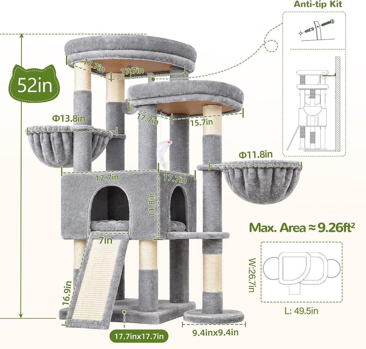 Globlazer Sturdy Cat Tree for Large Adult Cats with Scratching Posts, C52