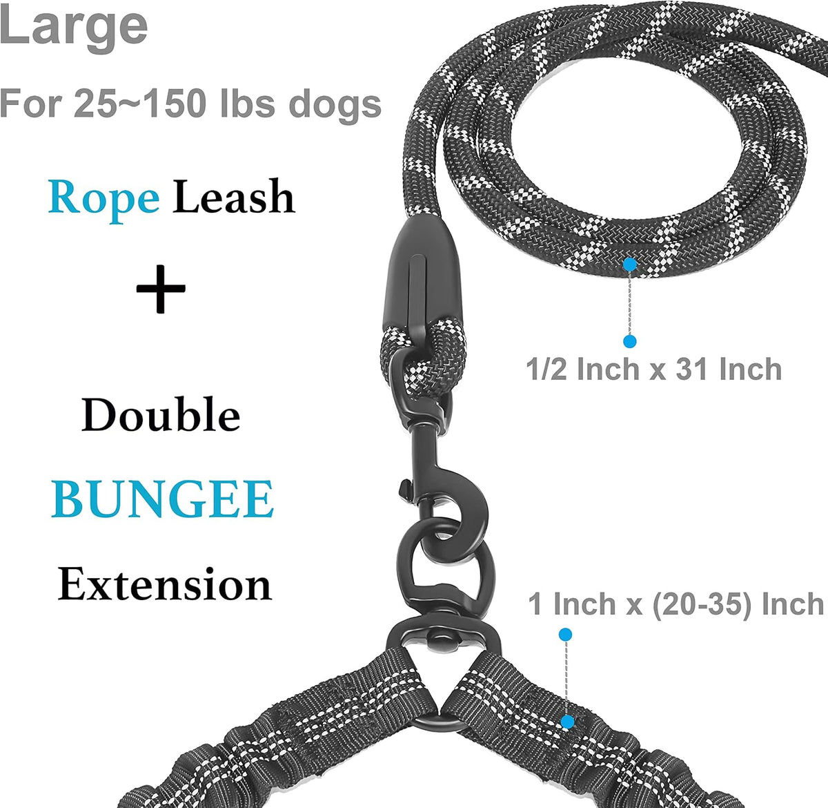 Double Dog Leash, 360° Swivel, No Tangle, Large, 25-150 lbs, Black