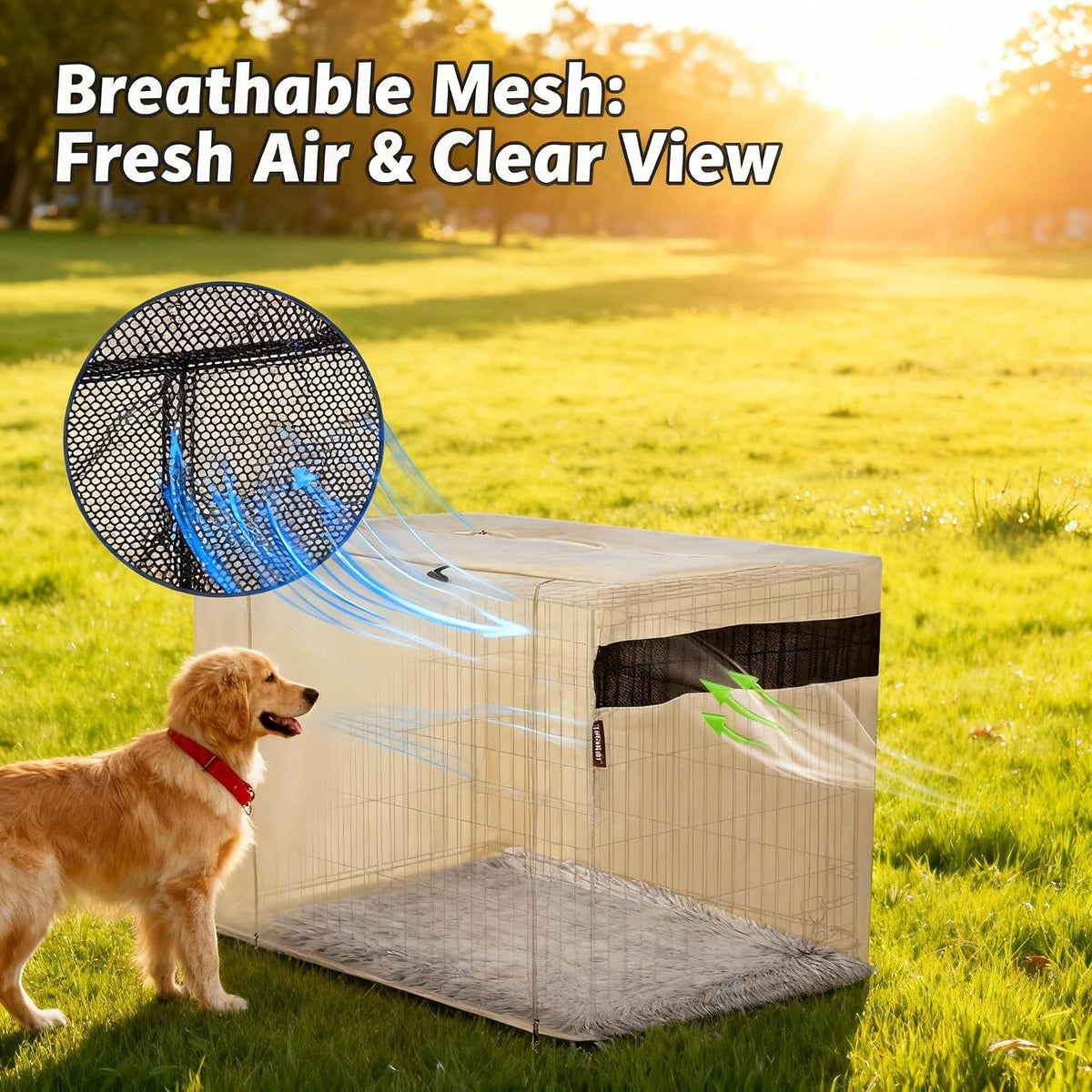 30-Inch Dog Crate Cover with Mesh, Waterproof Kennel Cover, Beige