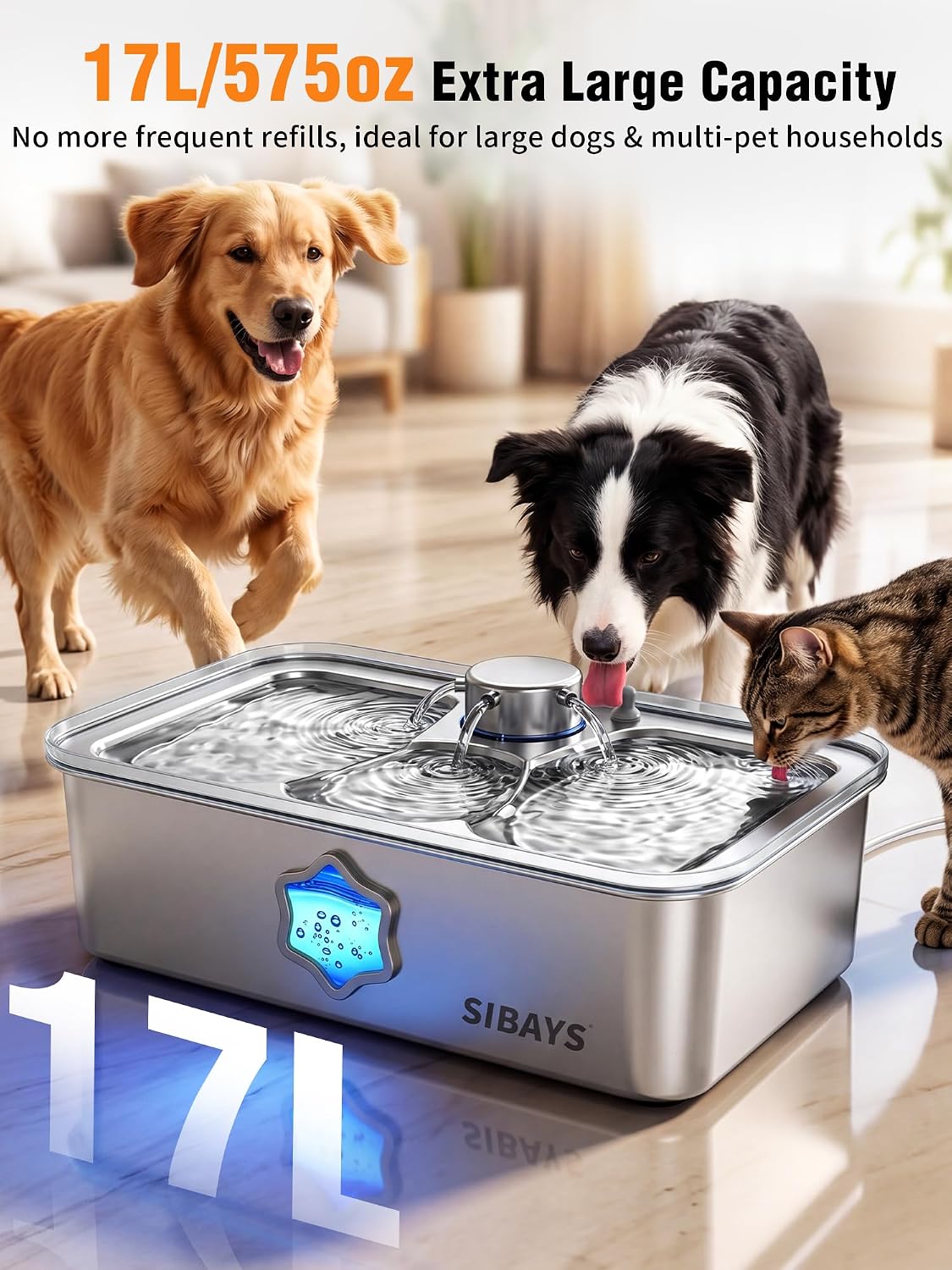 SIBAYS 4.5Gal Dog Water Fountain, Stainless Steel Pet Water Fountain FS86