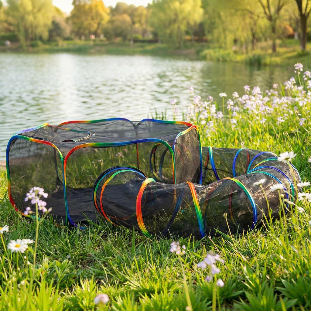 Portable Cat Enclosure with Tent & Tunnel, Rainbow Color