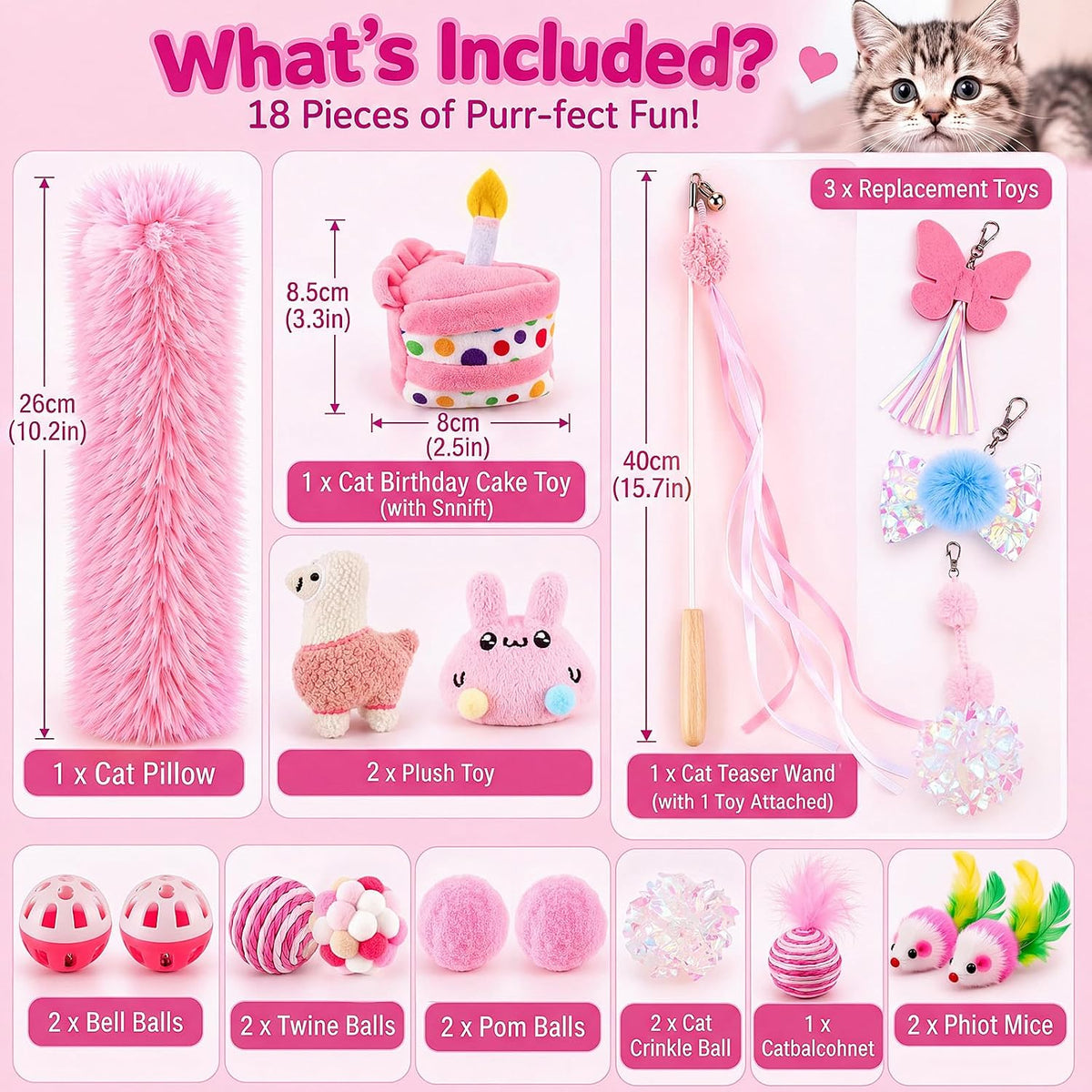 RoundFunny 19 Pcs Cat Toys Gift Box Cat Birthday Toys with Catnip & Wand