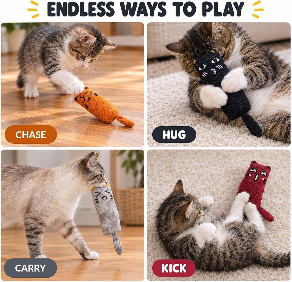 5 Pack Cat Kicker Toys, Soft Plush Cat Toys, Assorted Colors, Plush Toys