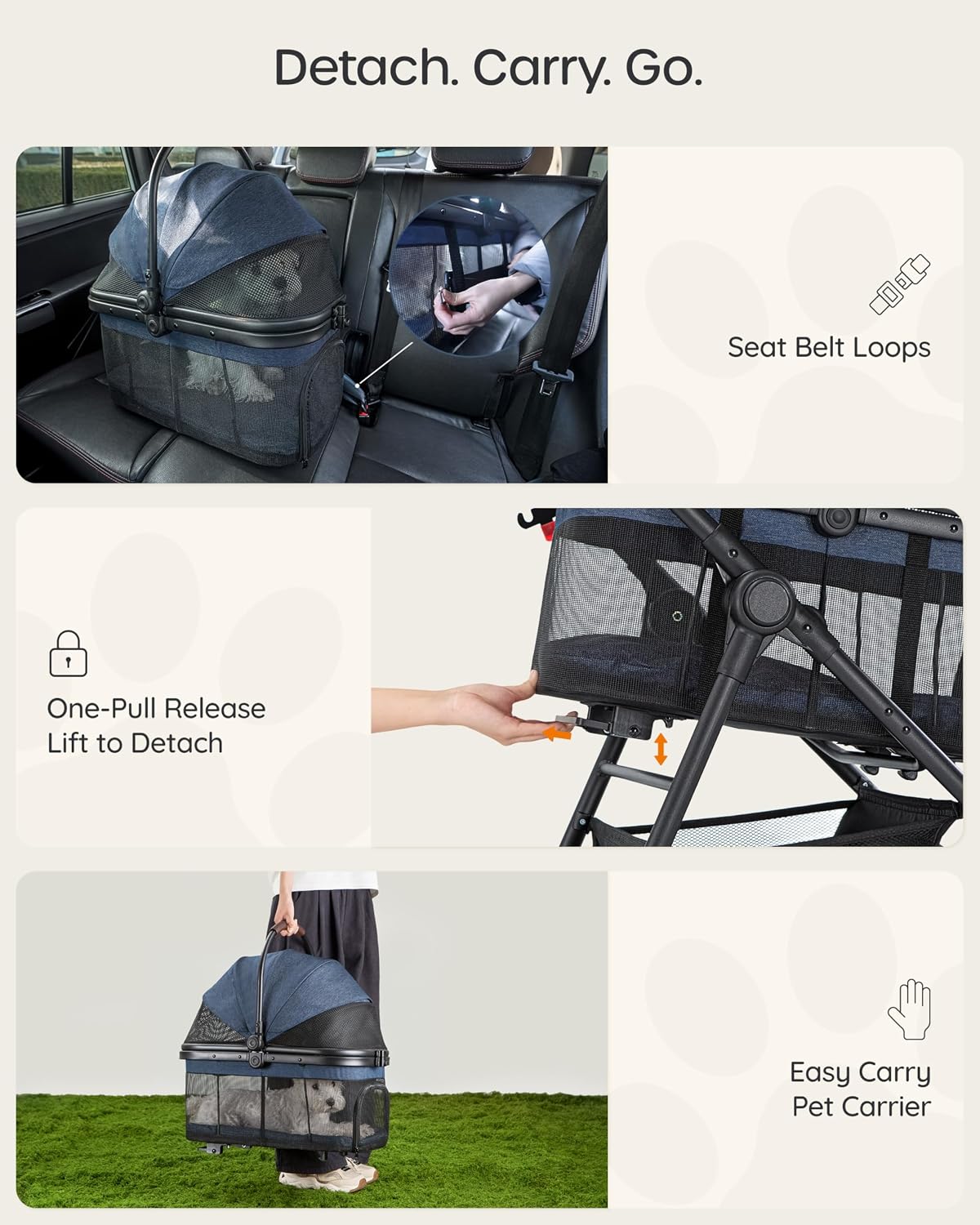 Pet Stroller for Small Dogs & Cats, Foldable with Detachable Carrier
