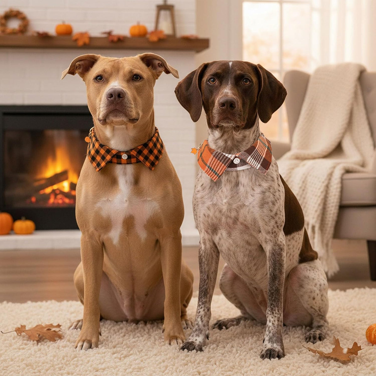 Fall Dog Collar 2 Pack, Orange Plaid Thanksgiving Shirt Collar, M