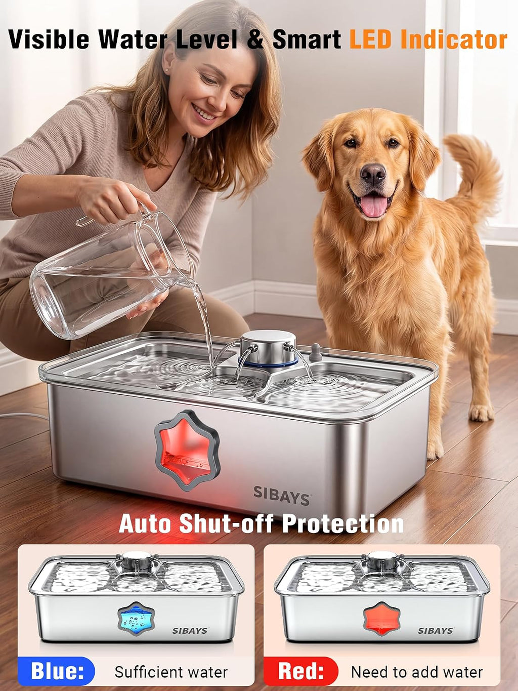 SIBAYS 4.5Gal Dog Water Fountain, Stainless Steel Pet Water Fountain FS86