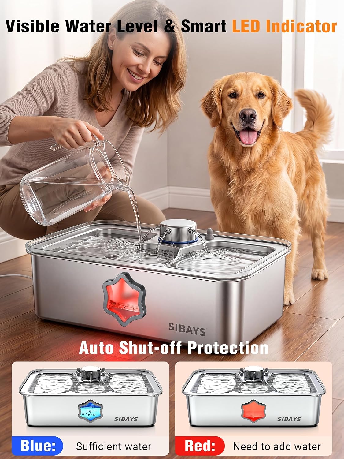 SIBAYS 4.5Gal Dog Water Fountain, Stainless Steel Pet Water Fountain FS86