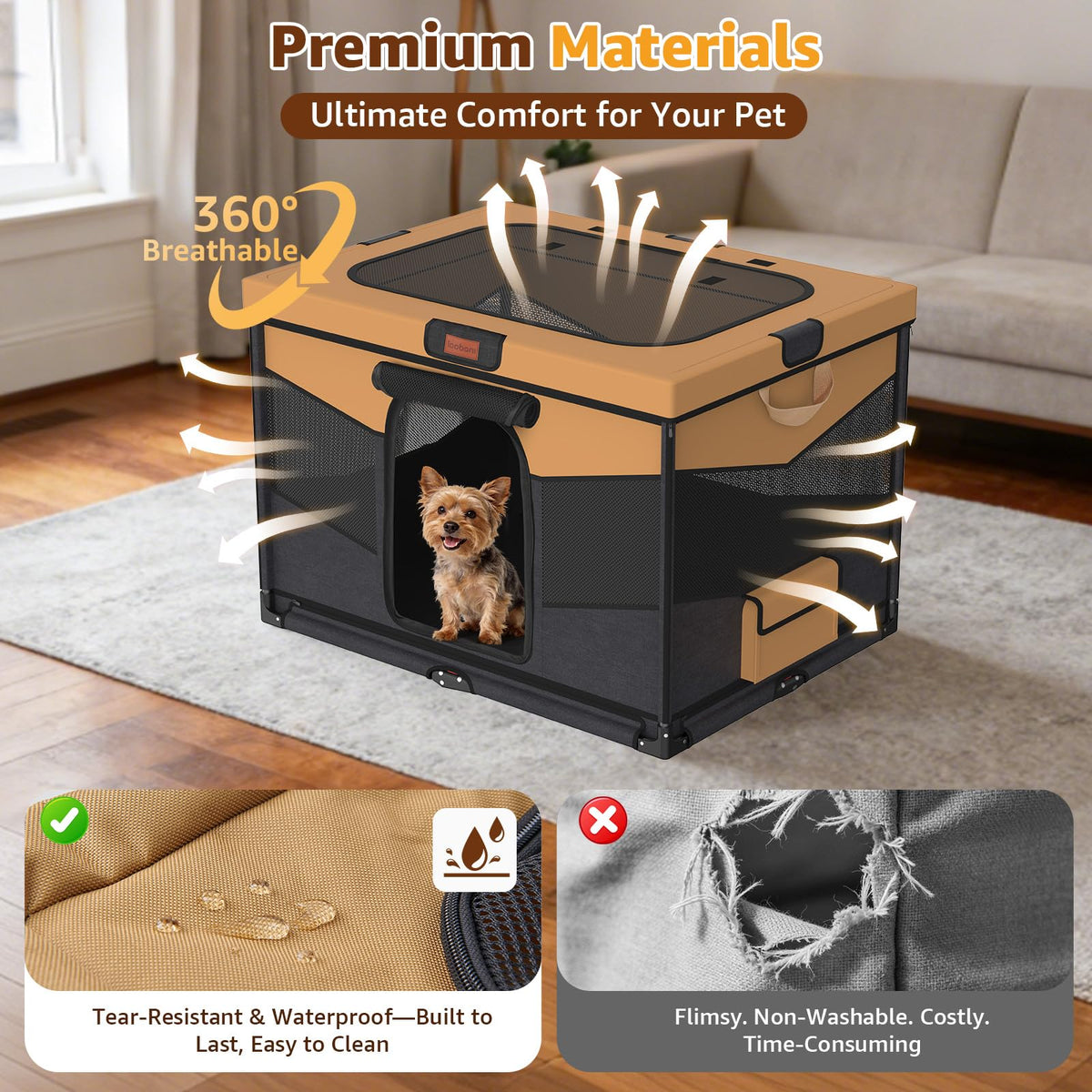 LOOBANI Dog Playpen for Small Dogs, 32"x24"x22", Foldable & Portable, Brown