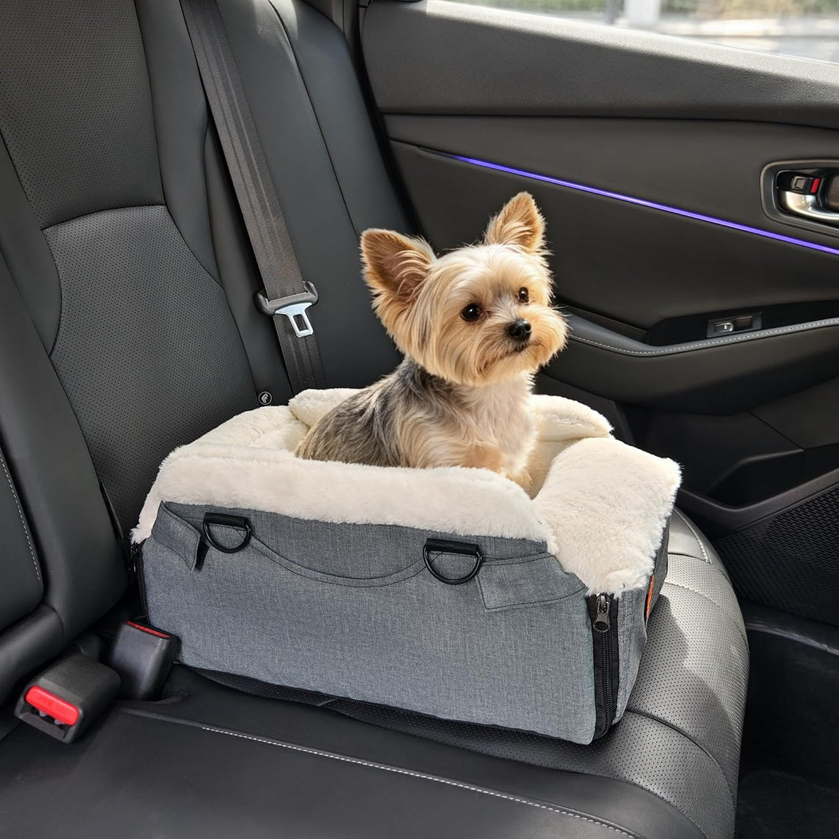 Dog Car Seat for Center Console, Foldable Pet Car Seat for Small Dogs Cats up to 10 lbs, Ultra-Soft Faux Rabbit Fur Pupp