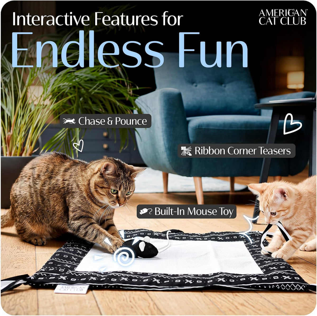 Reversible Crinkle Cat Mat with Mouse Toy, 18" x 13"