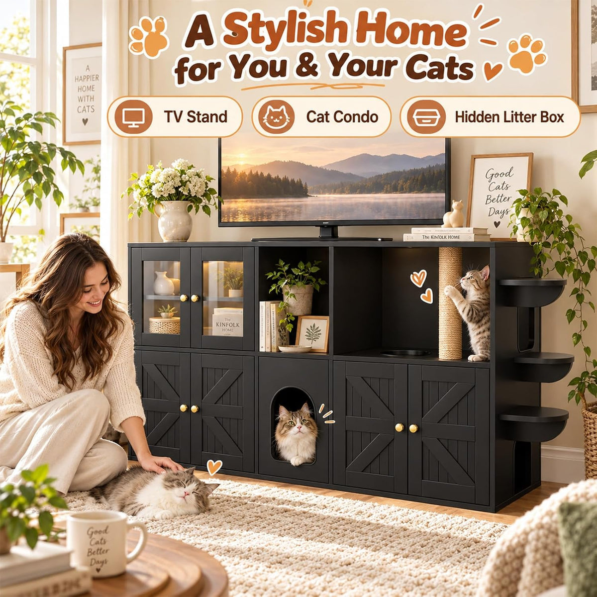 74" Double Cat Litter Box Furniture with Storage, Black