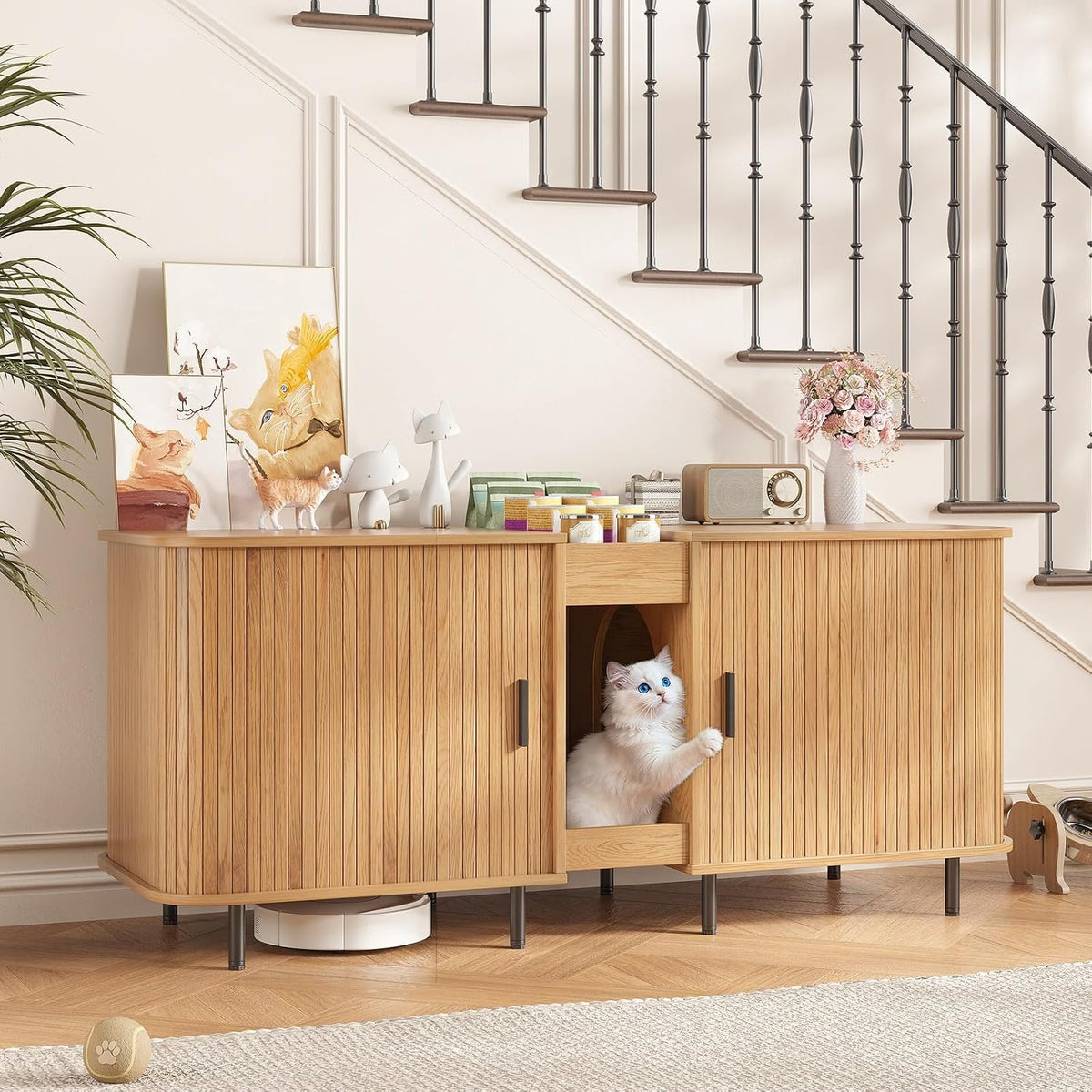 37.4" Cat Litter Box Enclosure with Scratch Pad, Sliding Door