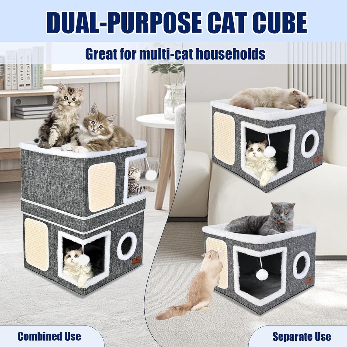 2-Story Cat House for Indoor Cats, Dual-Purpose Cave Bed with Scratch Pad and Fluffy Ball, Foldable Cat Hideaway, Cute C