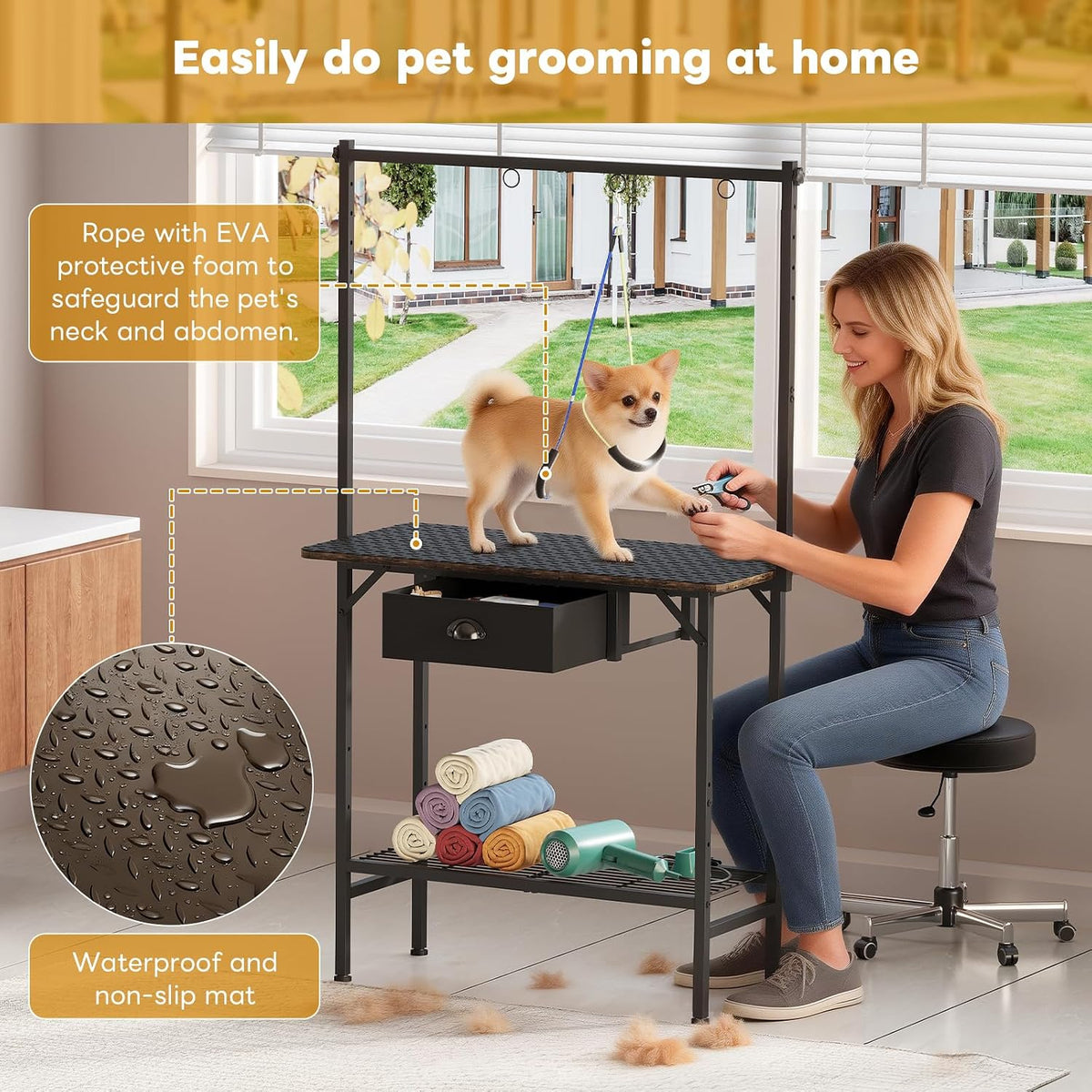 Dog Grooming Table with Drawers and Mesh Tray,32 Inch Adjustable Pet Grooming Table with Non-slip Removable Washable Mat