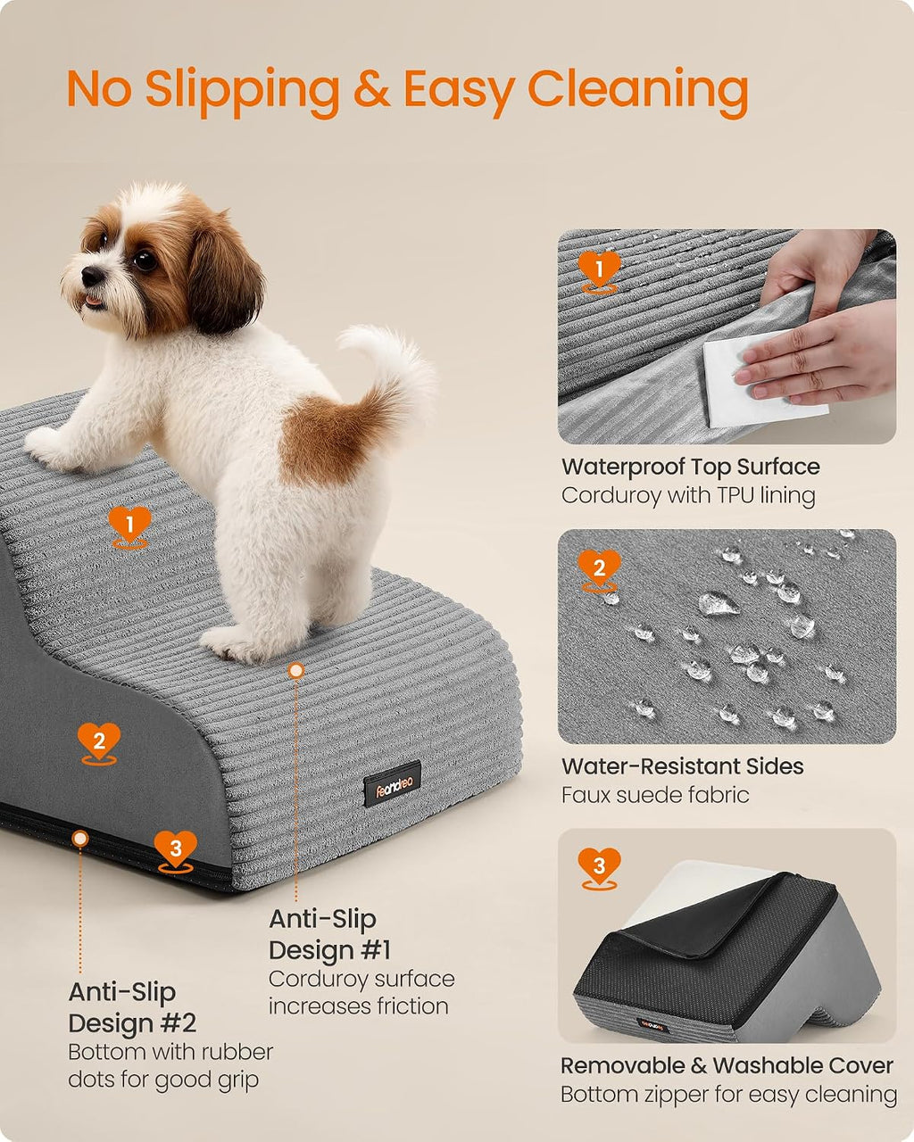 Feandrea 2-Step Dog Stairs, Waterproof, Anti-Slip, Gentle Slope
