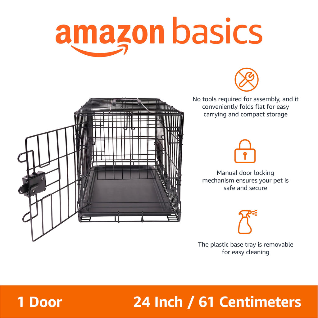 Amazon Basics Portable, Foldable Metal Wire Small Dog Crate with Removable Tray, Divider Panel, Single Door, Easy to Assemble, 24" x 18" x 20", Black