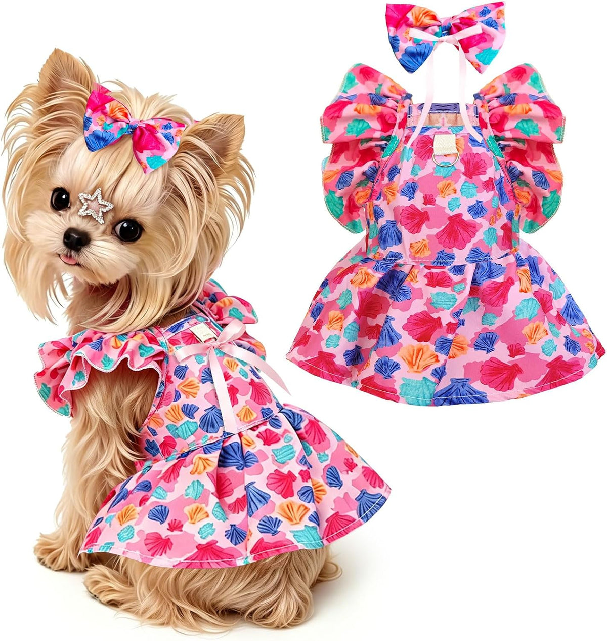 Plaid Small Dog Cat Christmas Dress Outfits with Bow & Leash D-Ring,Soft Breathable Cute Ruffle Xmas Puppy Clothes Girl,