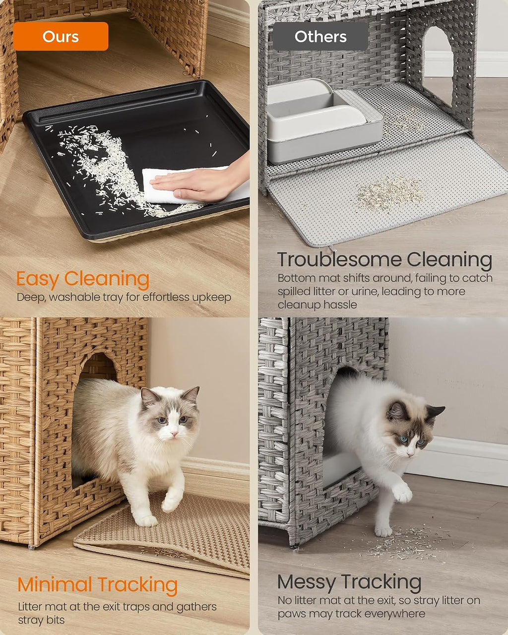 Feandrea Cat Litter Box Enclosure, Handwoven Rattan End Table, Extra Mat