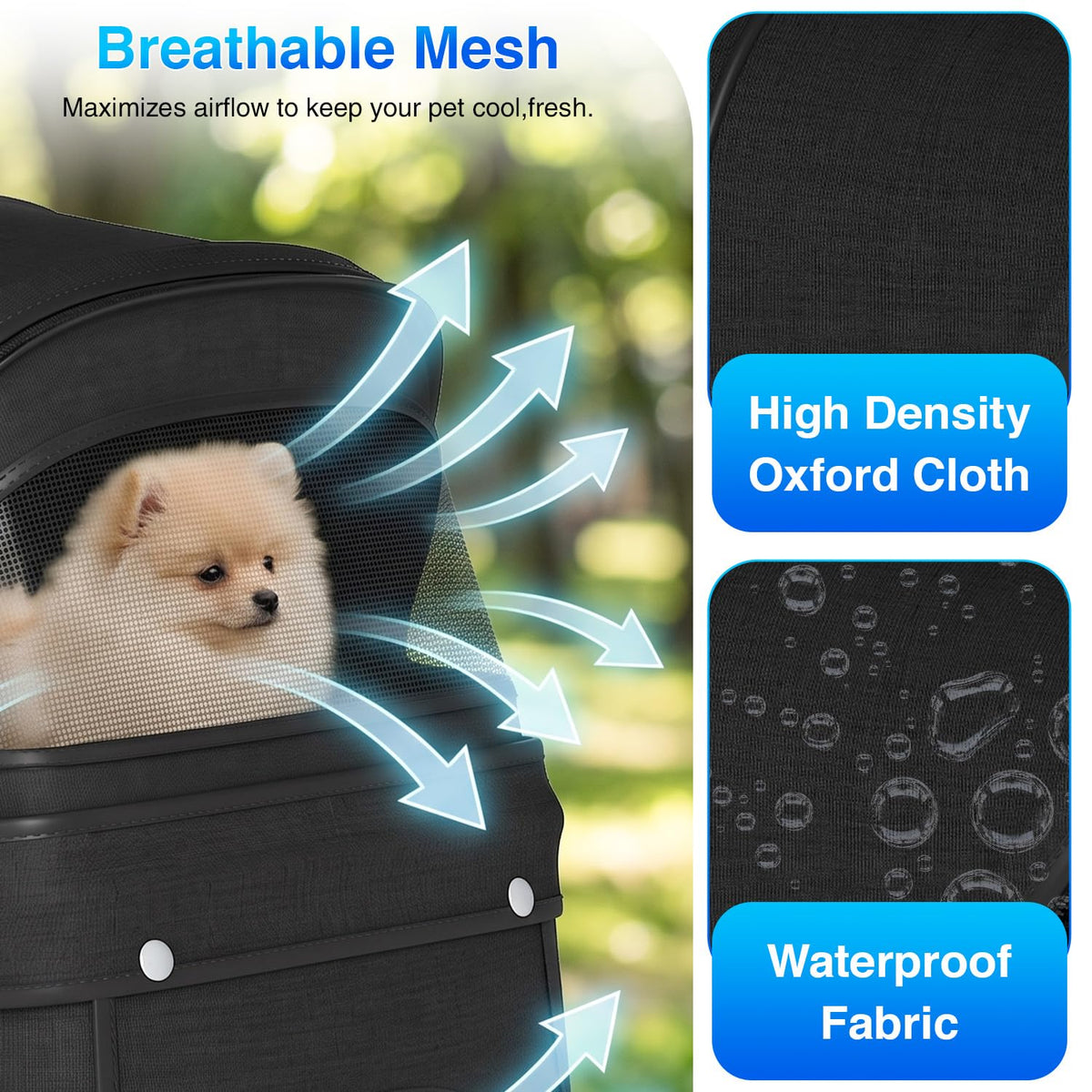 NChanmar 3-Wheel Pet Stroller Foldable Dog and Cat Stroller Black