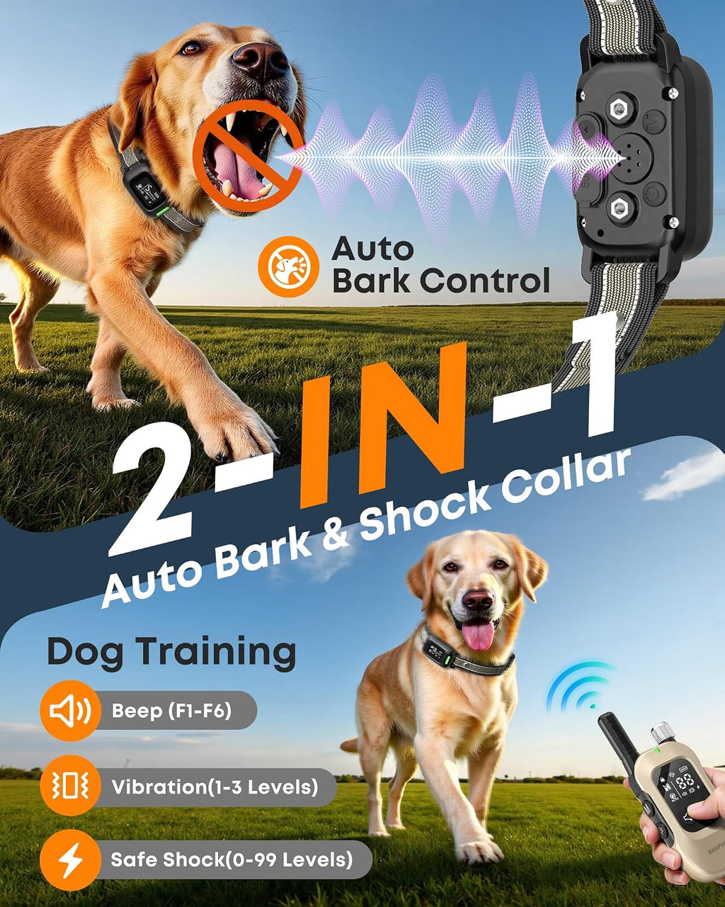 2-in-1 Dog Bark & Shock Collar with Remote, 4500FT Training Range