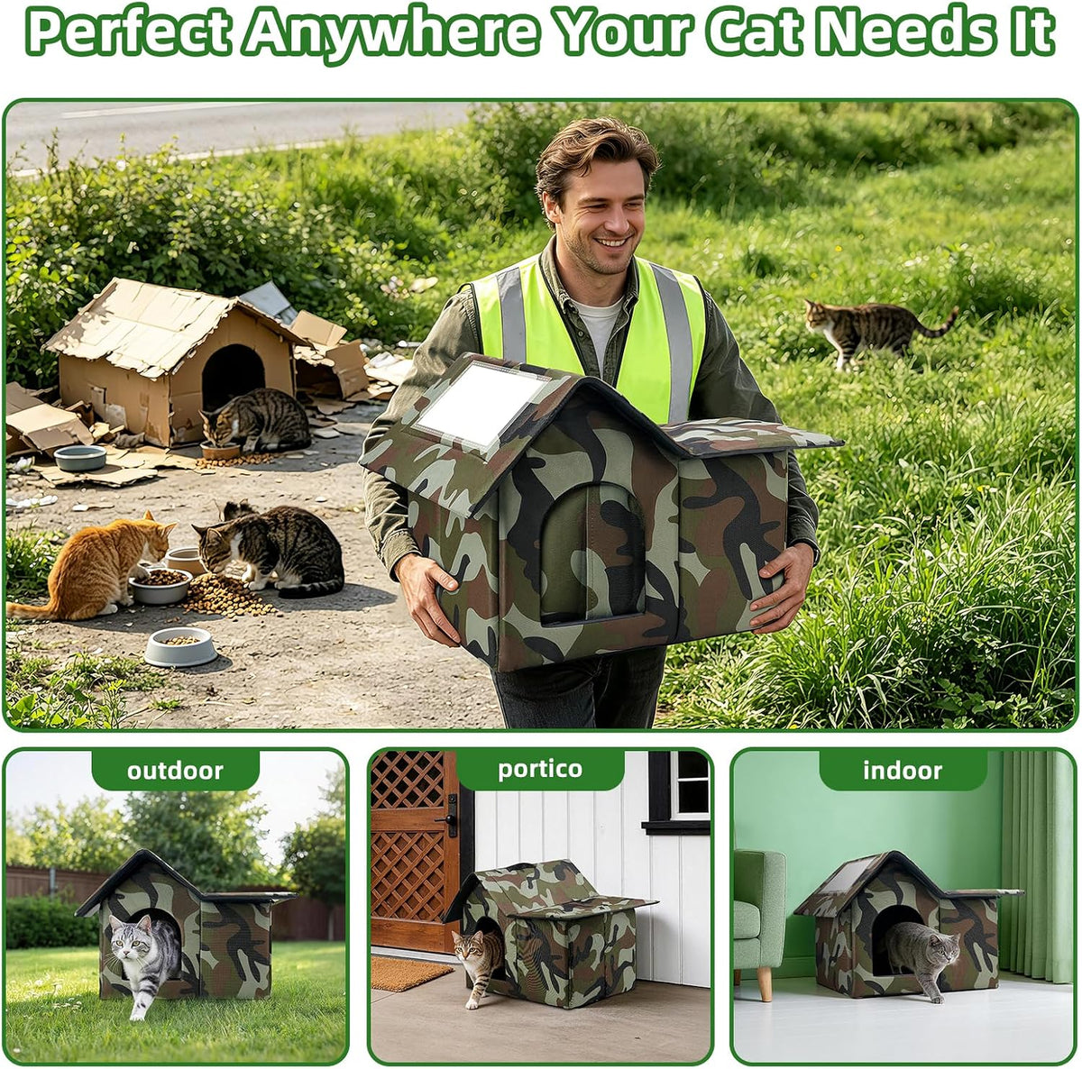 Outdoor Cat House Weatherproof, Large Feral Cat House for Winter, Collapsible Outdoor Cats Shelter with Door and Soft Ma
