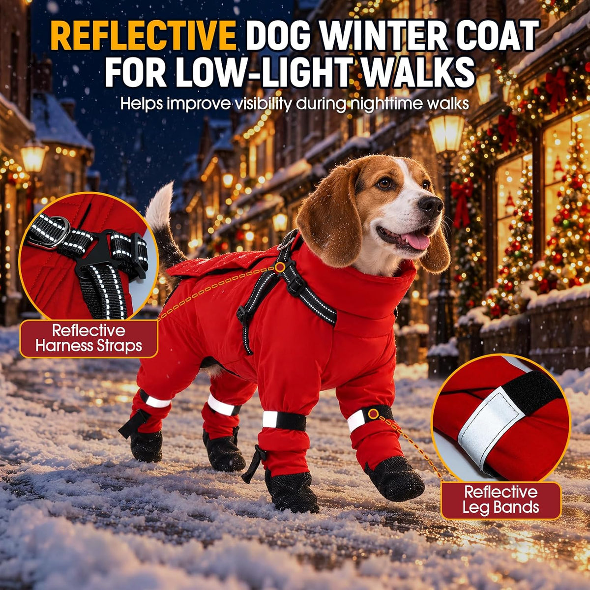 Dog Snowsuit with Attached Boots, Full Body Dog Coat with Built-in Harness