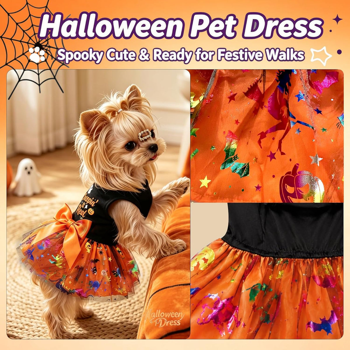 Dog Halloween Costumes Creepin’ It Real Halloween Puppy Dress Holiday Funny Dog Skirt Glitter Pet Clothes Cat Apparel wi