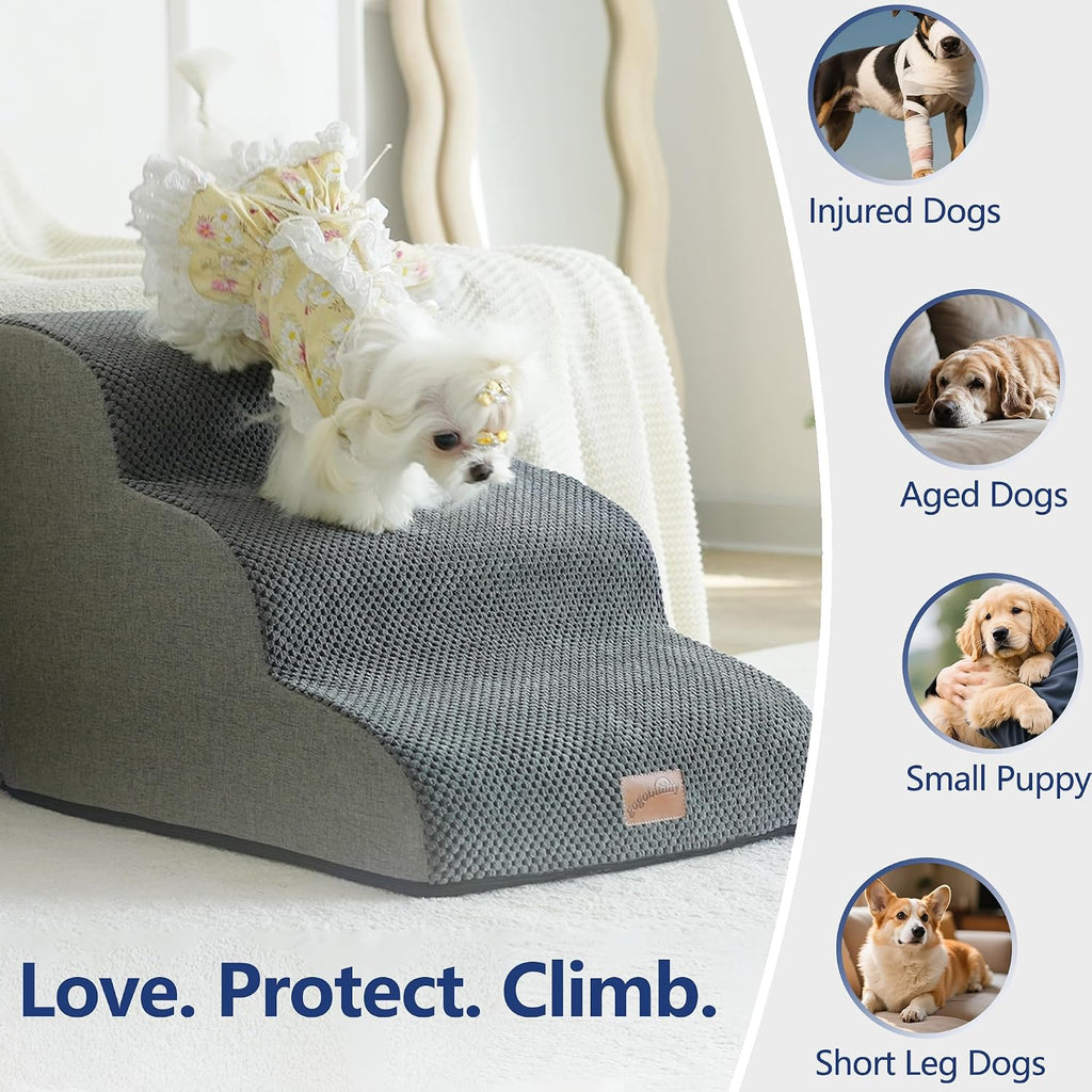 Dog Stairs for Small Dogs, 3-Step Pet Steps for Couch Sofa, Grey