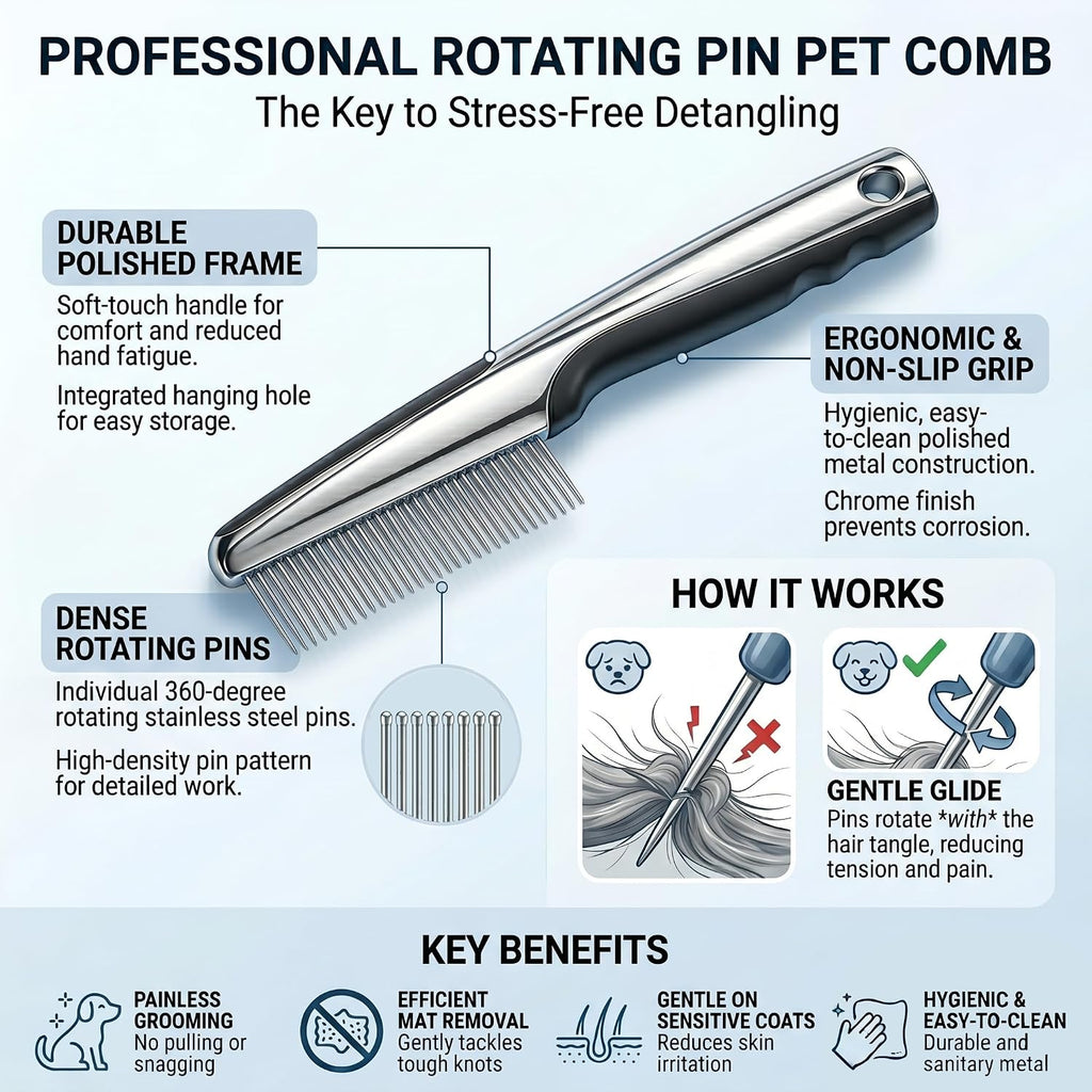 Pet, Cat, & Dog Comb with Rotating Teeth for Detangling Long Hair