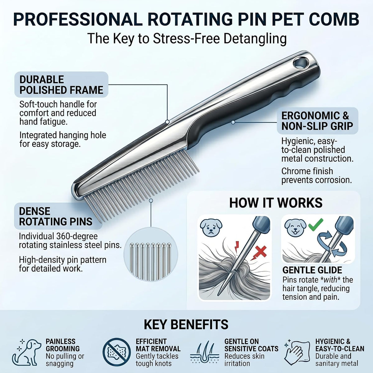 Pet, Cat, & Dog Comb with Rotating Teeth for Detangling Long Hair