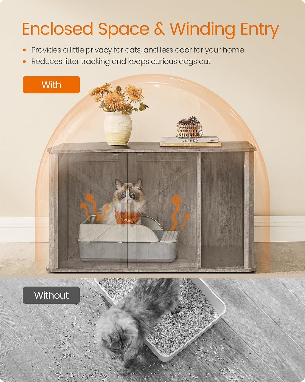 Feandrea Double Cat Litter Box Enclosure for 2 Cats, Front Entry