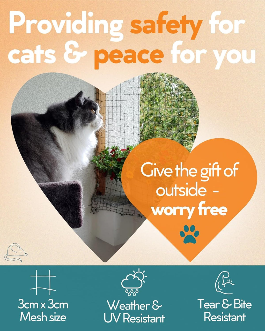 Steel Reinforced Cat Netting for Balcony - Cat Net for Catio – Safety Netting for Pets - Animal Proof Screen - Strong Pe