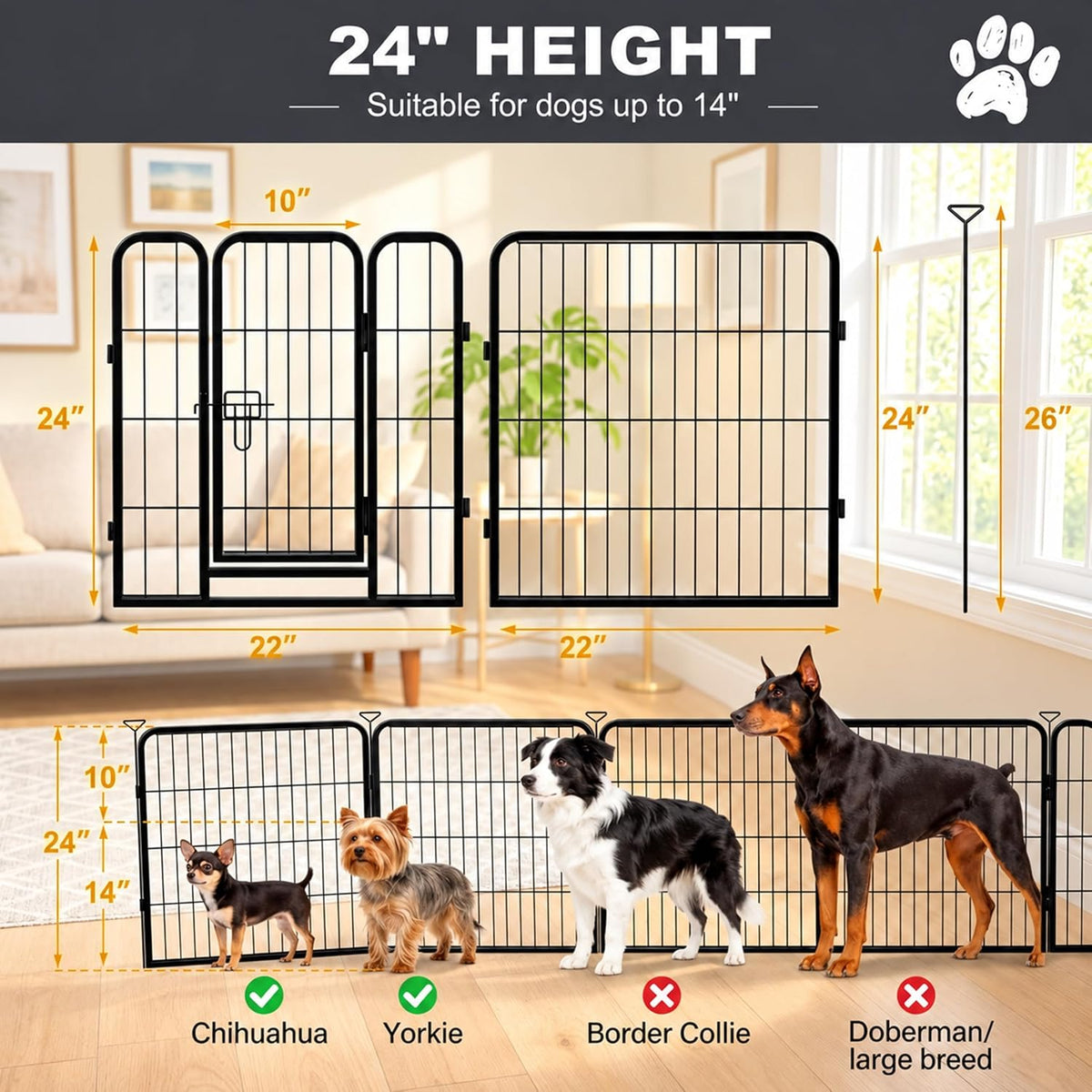 Dog Playpen with Battom Pad, 24" H 8 Panels Puppy Playpen