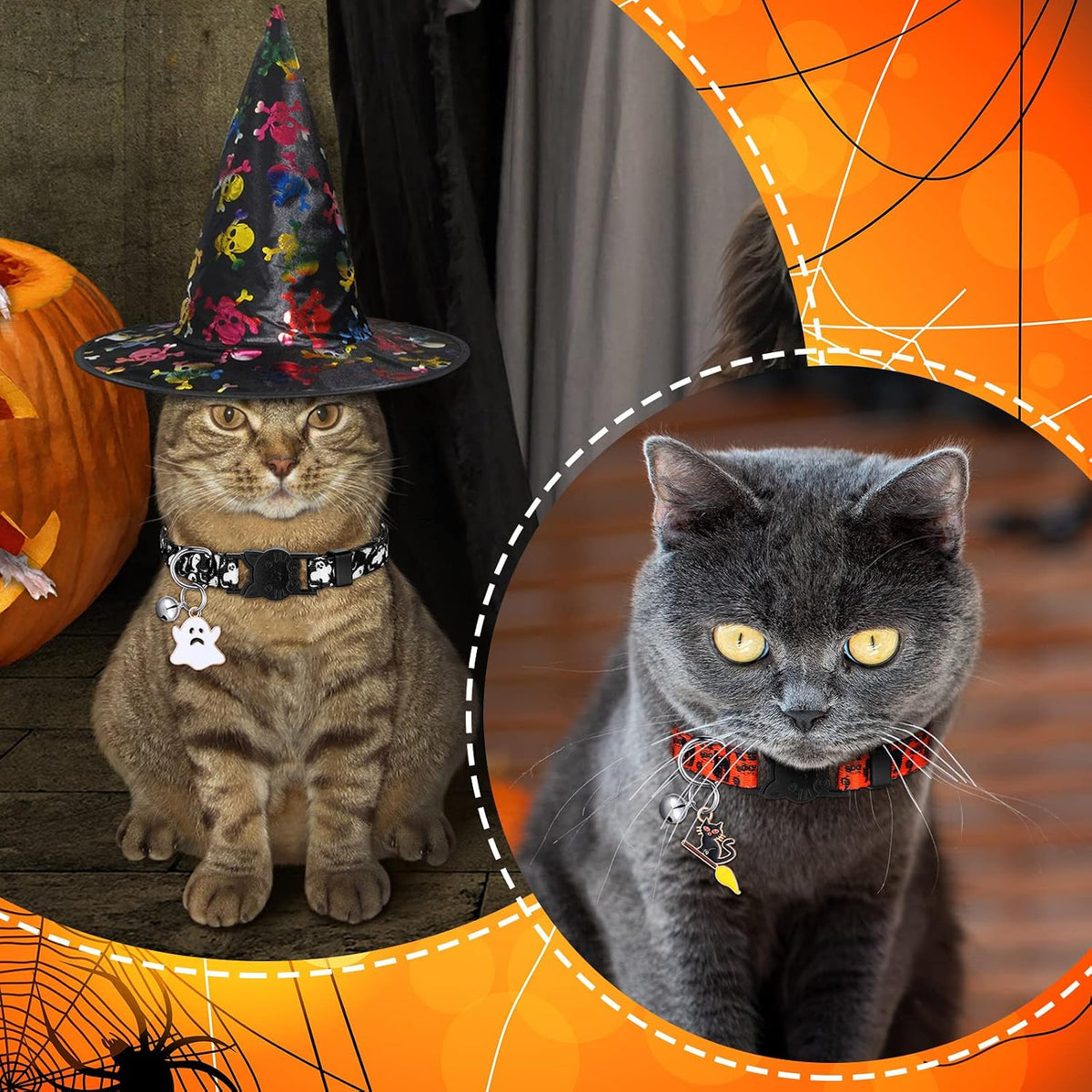 8 Pcs Halloween Cat Collars Breakaway with Bell, Adjustable Buckle